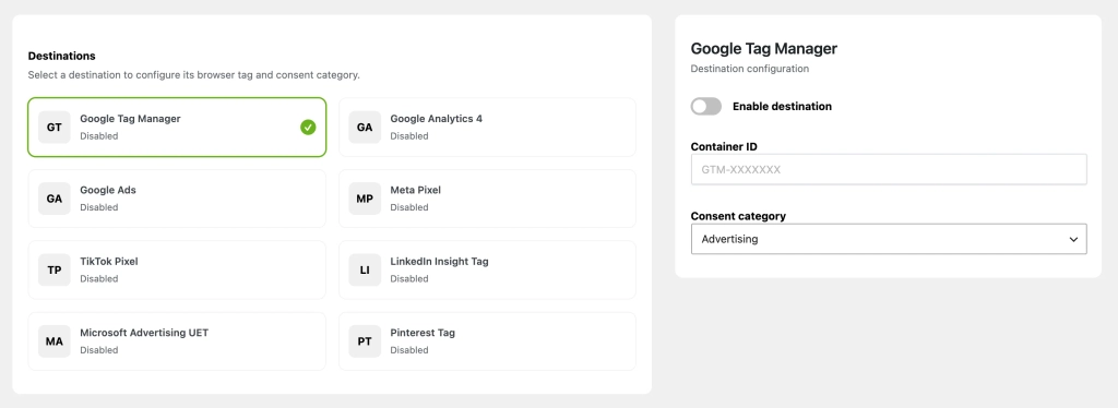 Google Tag Manager destination configuration is disabled