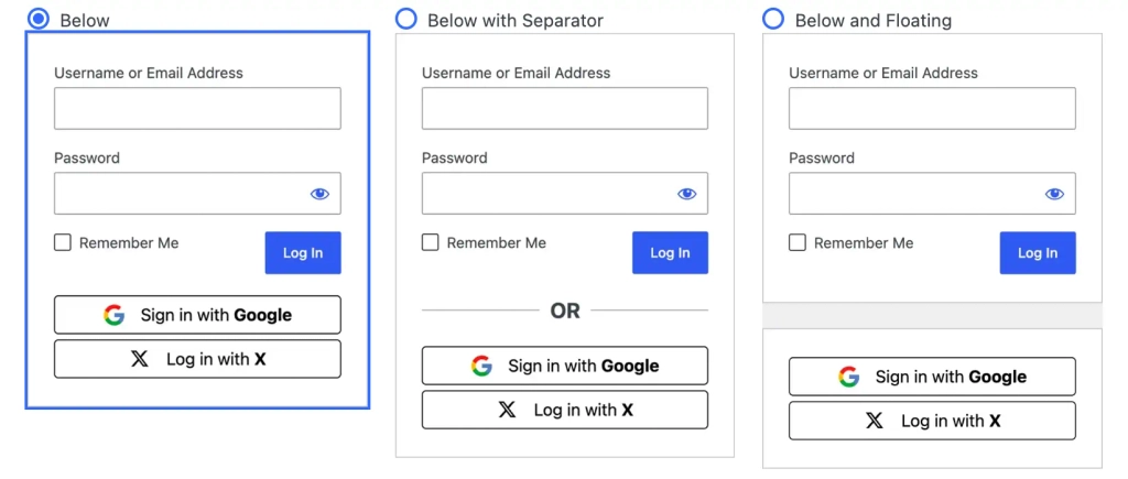 Three login layouts with social media buttons