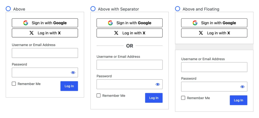 Three variations of login forms with social authentication