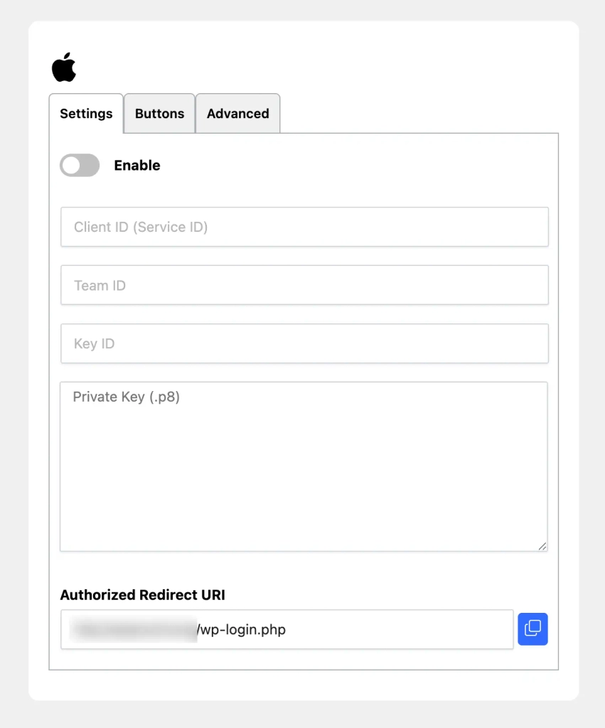 Apple Connection Settings with Developer Credentials