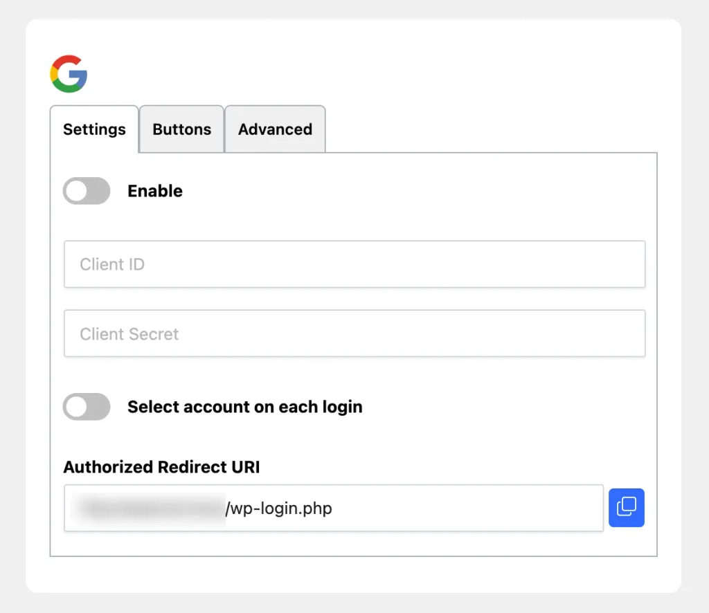 Google Connection Settings with Authorized Redirect URIs