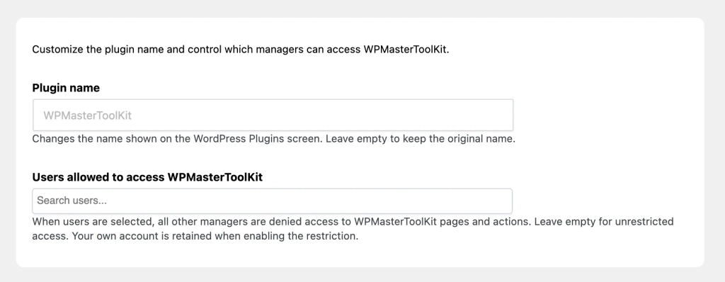 WPmasterToolKit User Name and Access Settings