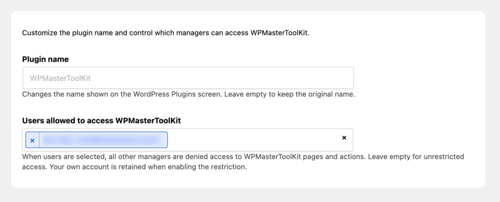 WPMasterToolKit Plugin Name and Access Settings