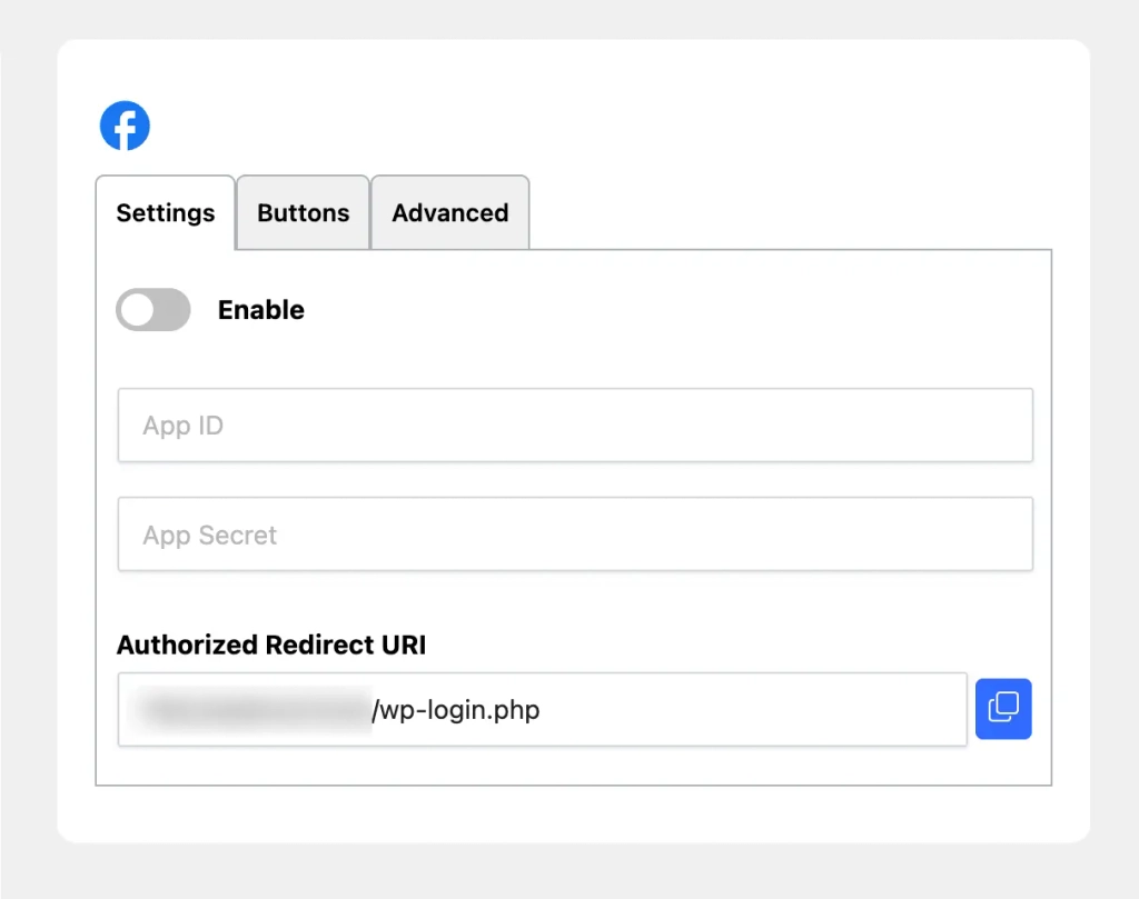 Facebook Connection Settings with Redirect URIs