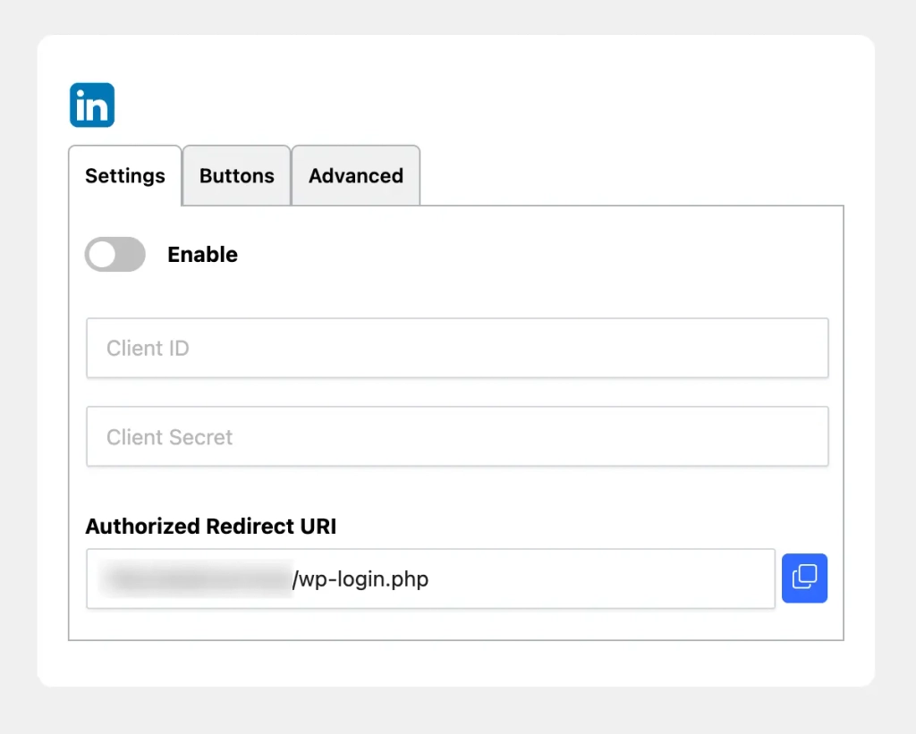 LinkedIn Connection Settings with Redirect URI