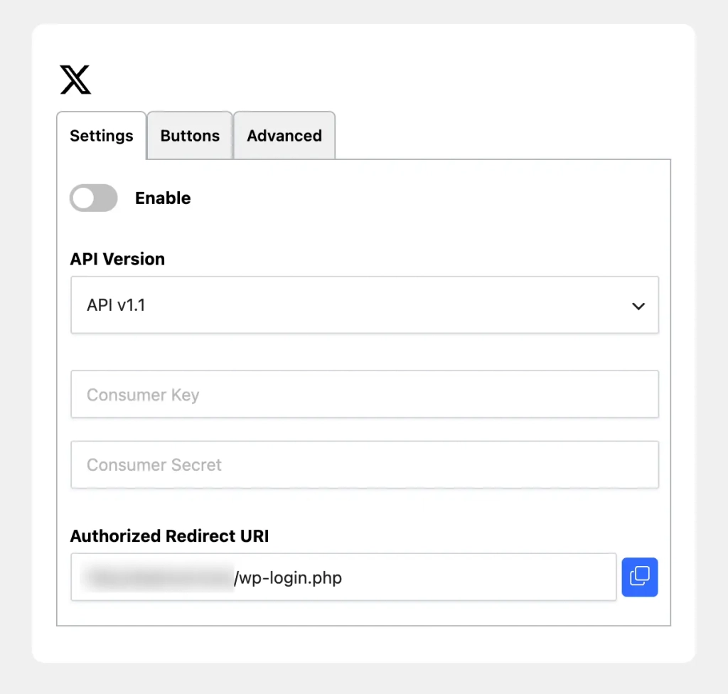 API X Settings with Authorized Redirect URIs